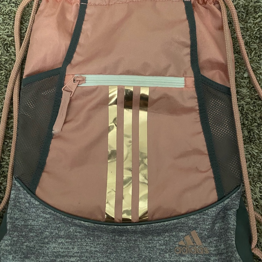 Adidas Pink and Gray Gym Sack with Gold Stripes